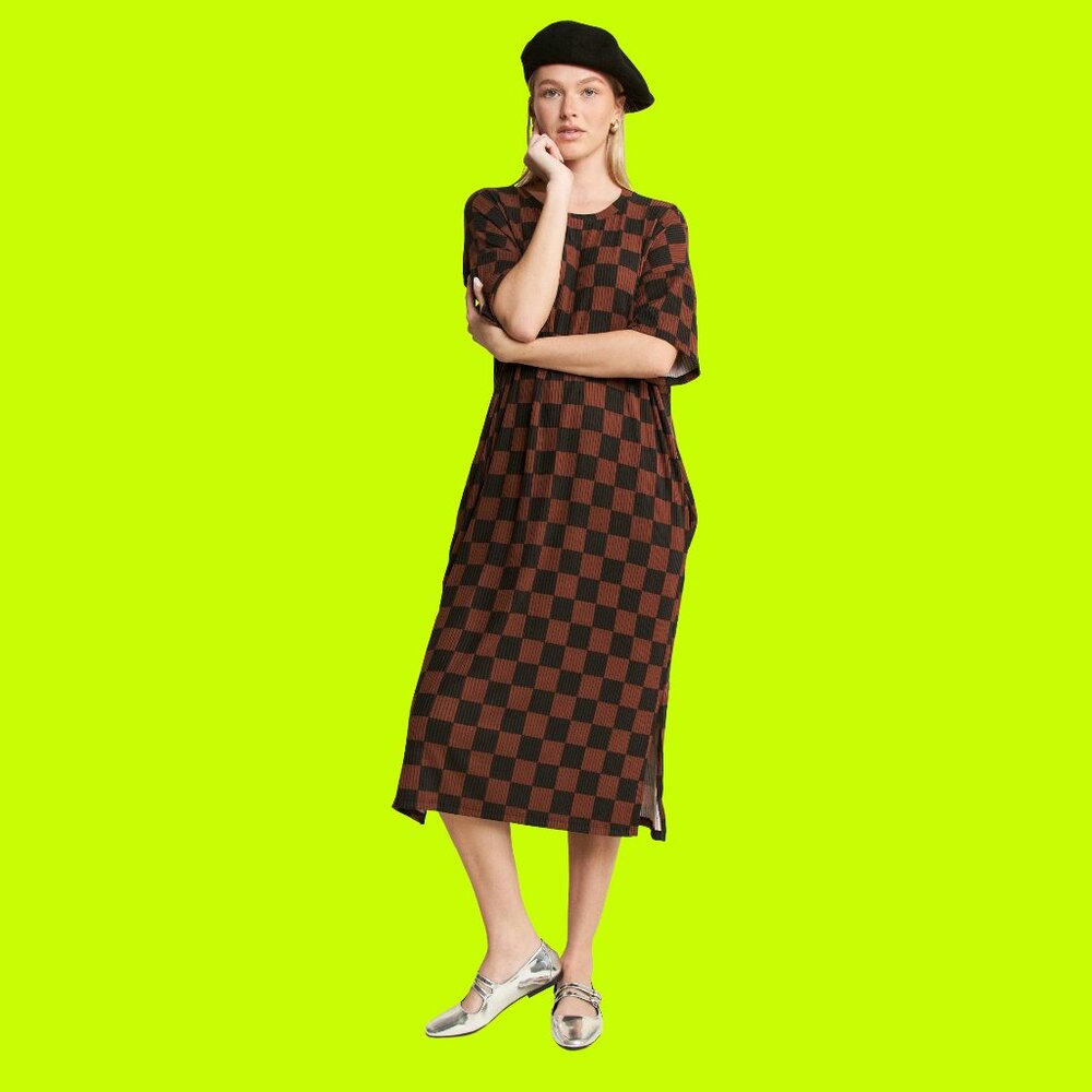 Ozzy Dress In Brown + Black Checker